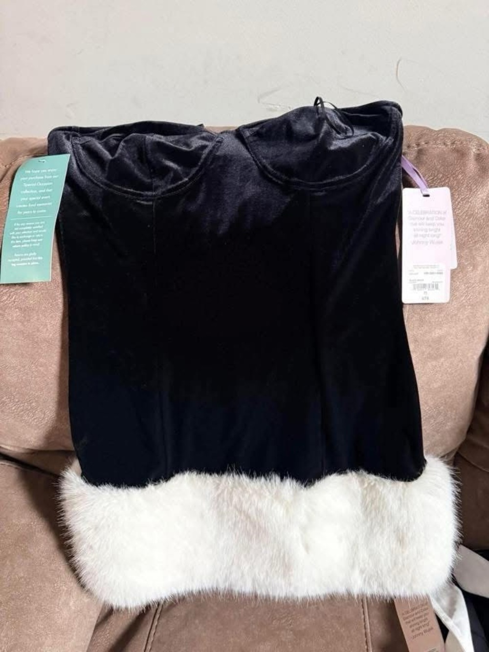jcpenney Black Velvet Strapless Mini Dress with White Faux Fur Trim